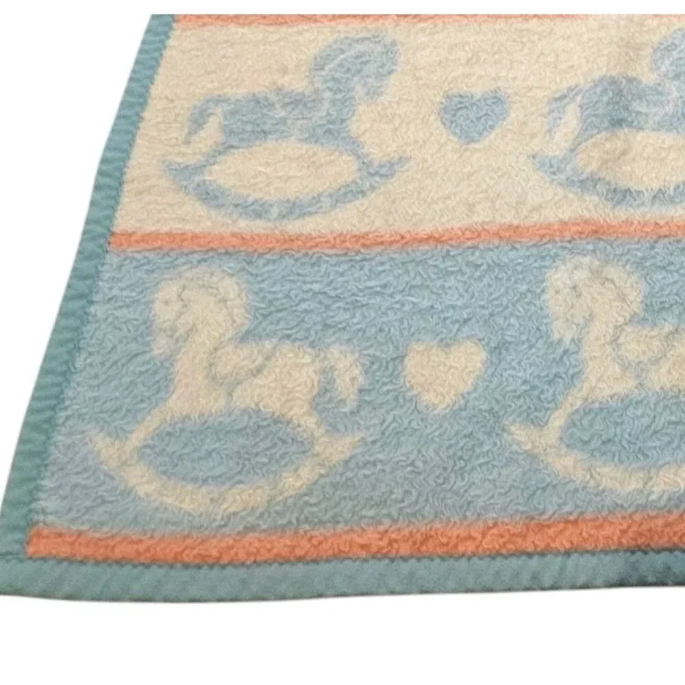 Vintage Blue Rockinghorse Baby Blanket Hearts Acryl Velours‎ Biederlack USA Made
